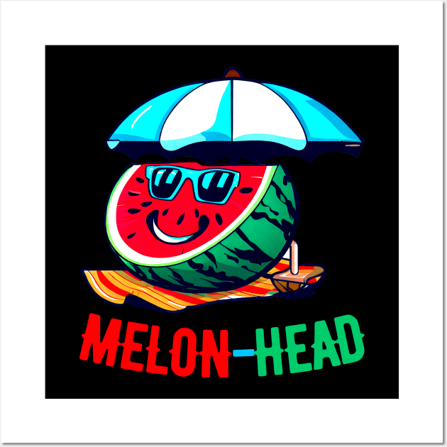 Melon-Head Funny A smiling slice of watermelon on a beach towel with sunglasses Wall Art by T-shirt US